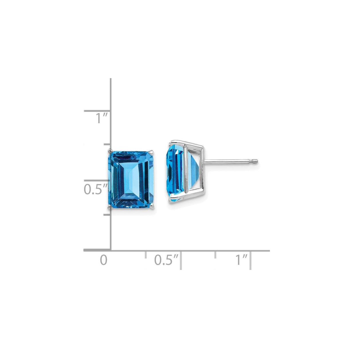14k White Gold Stud Earrings with Swiss Blue Topaz, Emerald Cut, Minimalist Design
