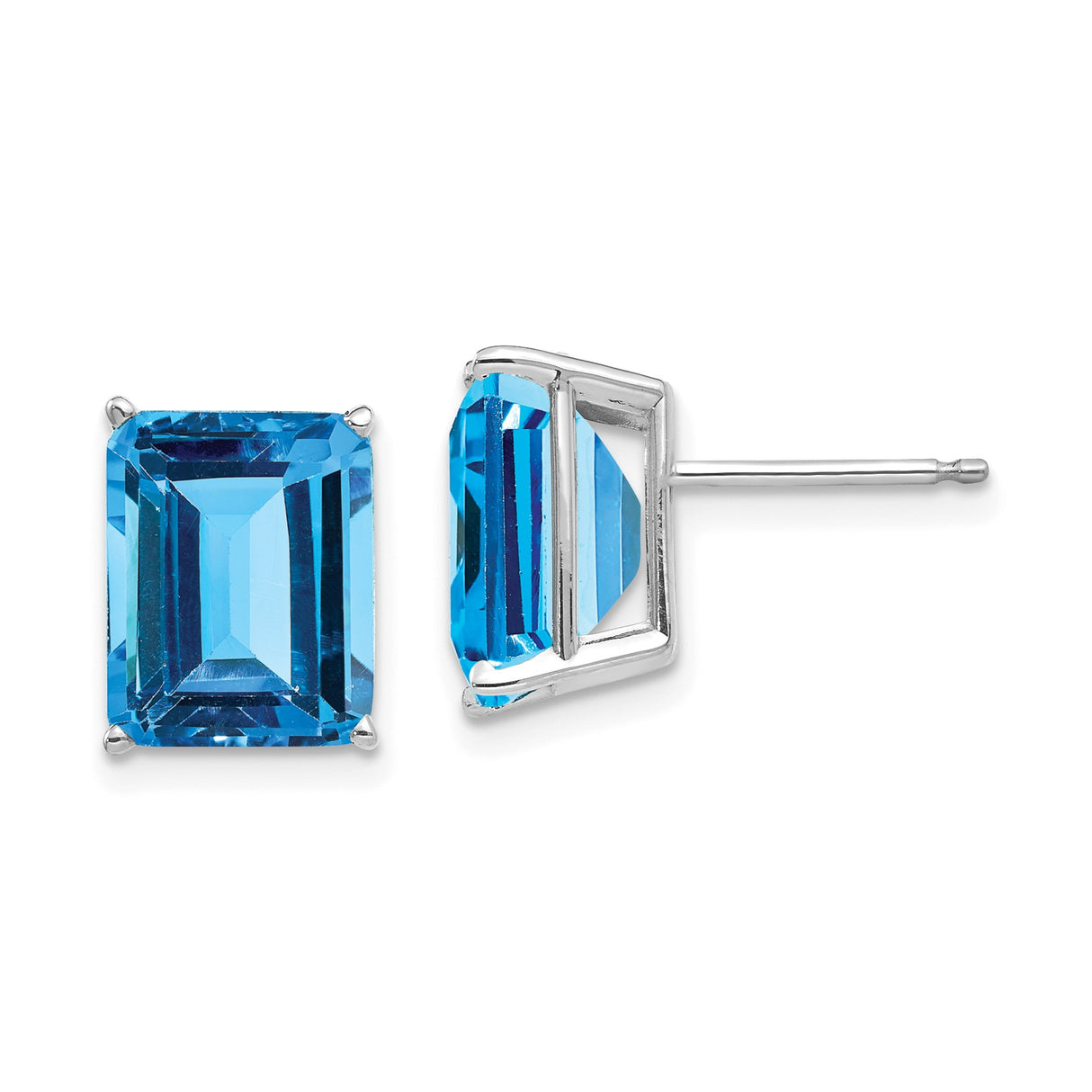 14k White Gold Stud Earrings with Swiss Blue Topaz, Emerald Cut, Minimalist Design