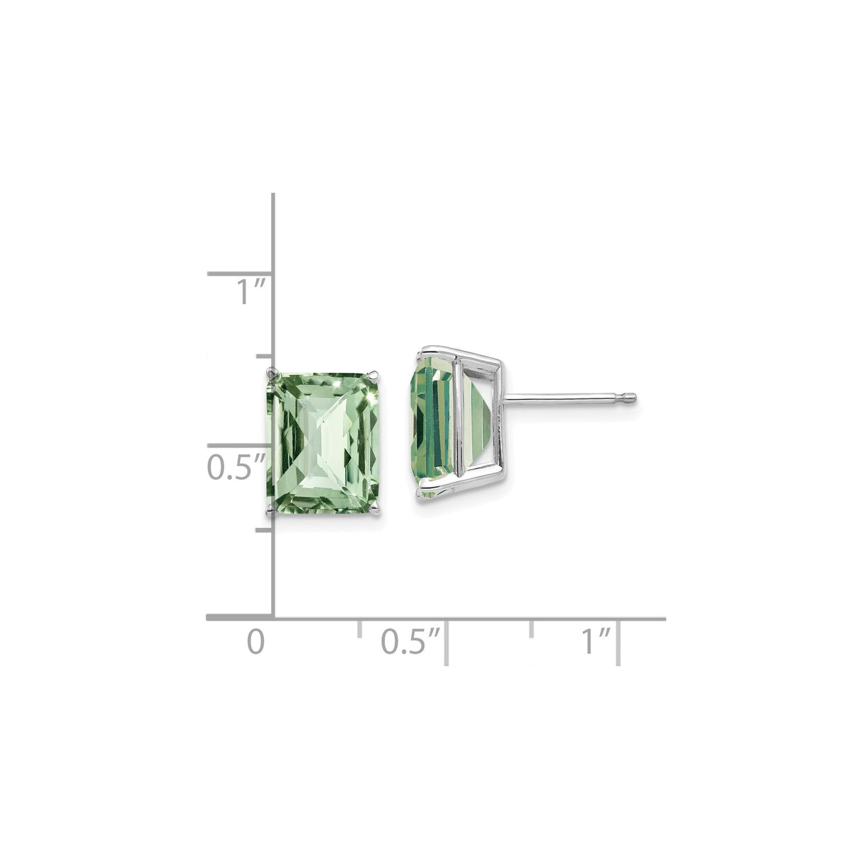 14k White Gold Stud Earrings with Emerald Cut Green Quartz, Rectangular Minimalist Design for Women