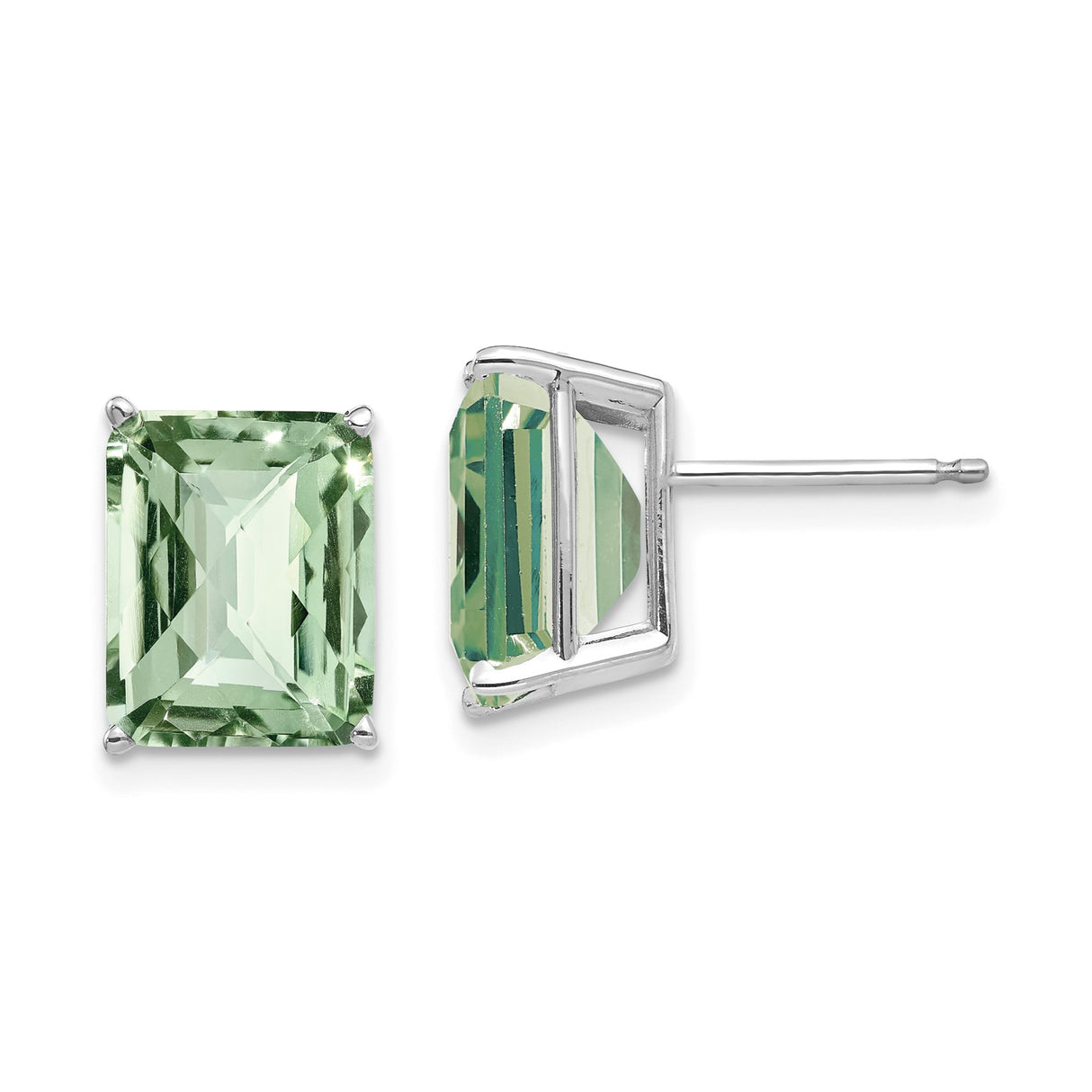 14k White Gold Stud Earrings with Emerald Cut Green Quartz, Rectangular Minimalist Design for Women