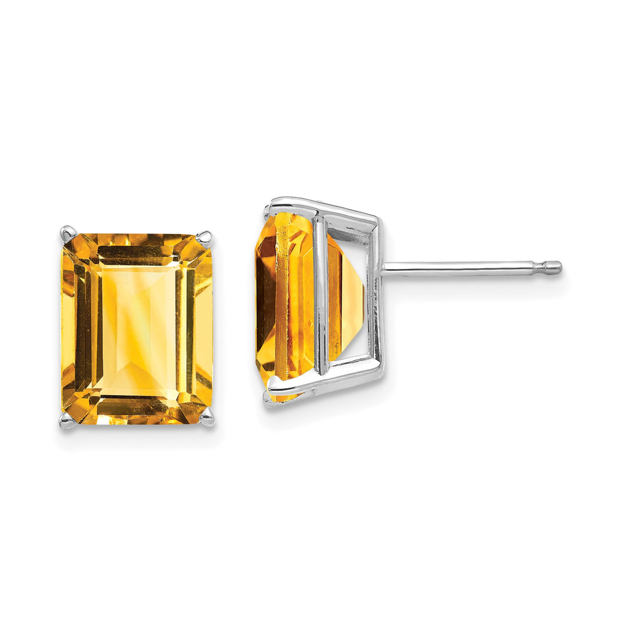 14k White Gold Citrine Stud Earrings, Emerald Cut November Birthstone Jewelry