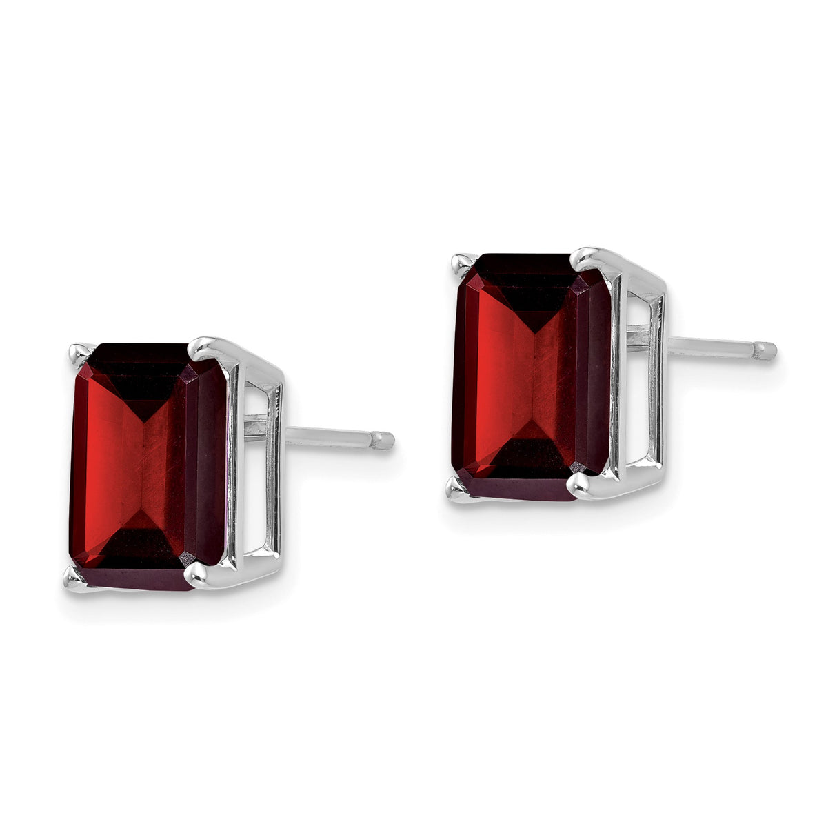 14k White Gold Stud Earrings with Garnet in Rectangular Four-Prong Setting