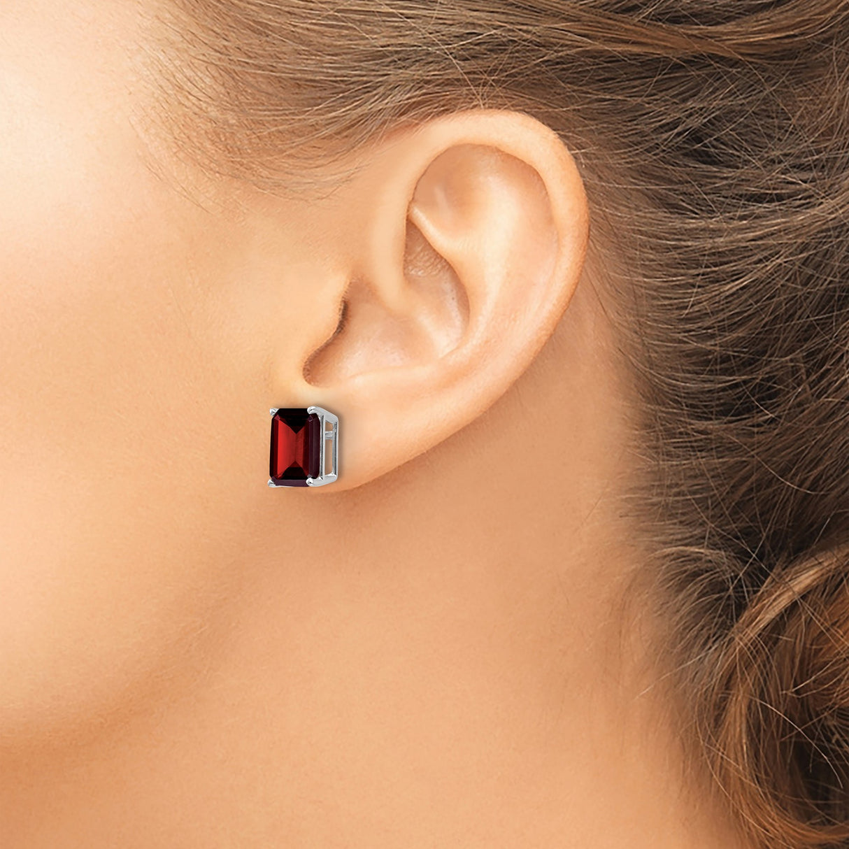 14k White Gold Stud Earrings with Garnet in Rectangular Four-Prong Setting