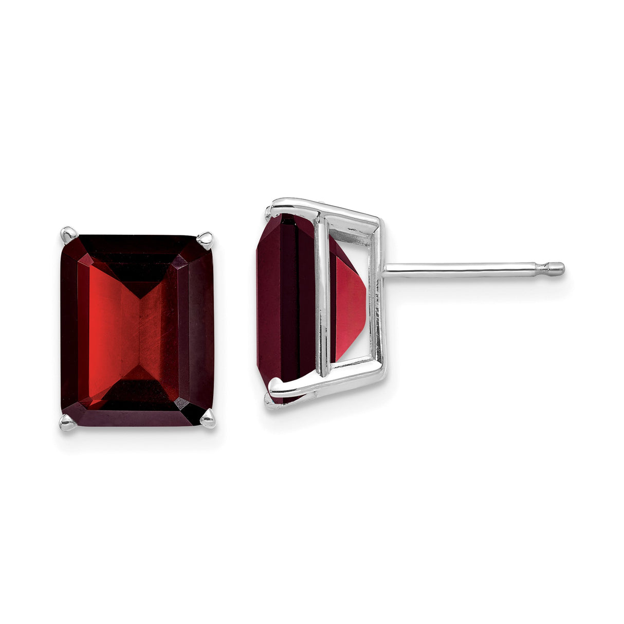 14k White Gold Stud Earrings with Garnet in Rectangular Four-Prong Setting