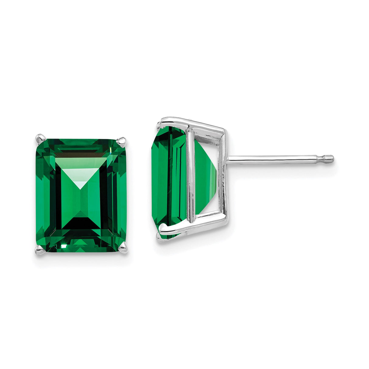 14k White Gold Stud Earrings with Emerald Cut Helenite, Classic Four Prong Setting