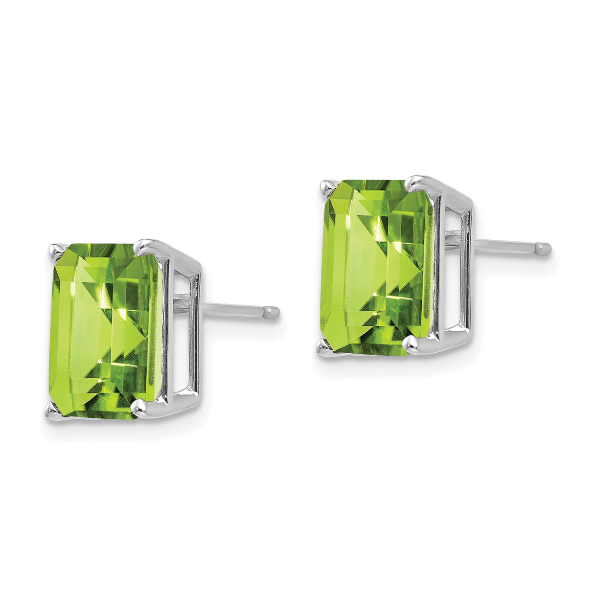 14k White Gold Stud Earrings with Peridot in Emerald Cut Rectangular Setting