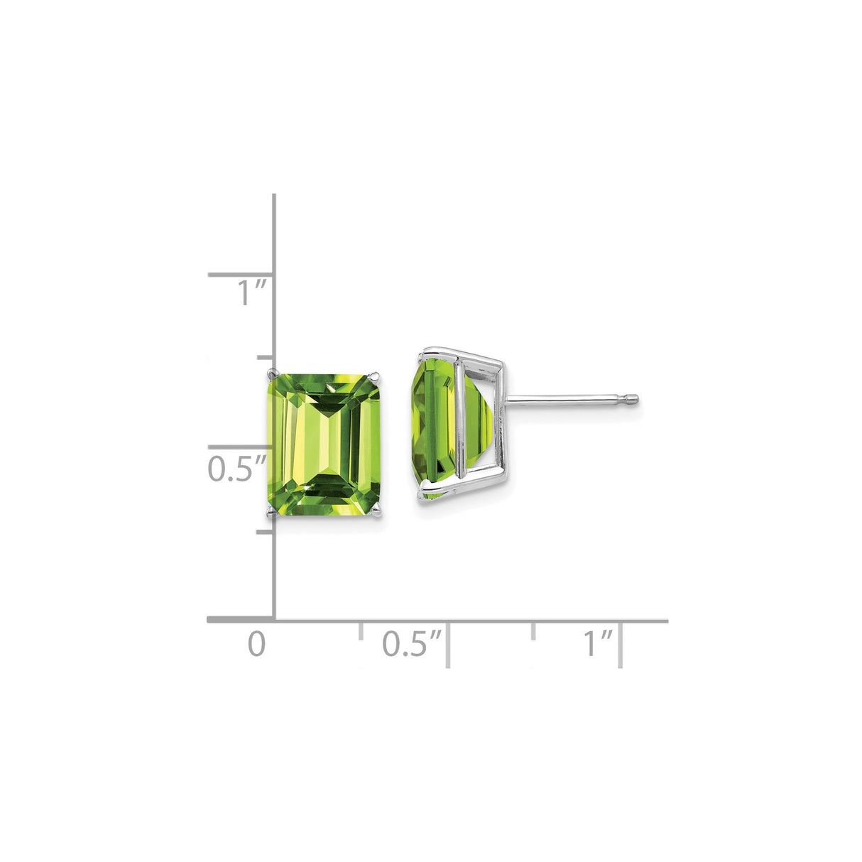 14k White Gold Stud Earrings with Peridot in Emerald Cut Rectangular Setting