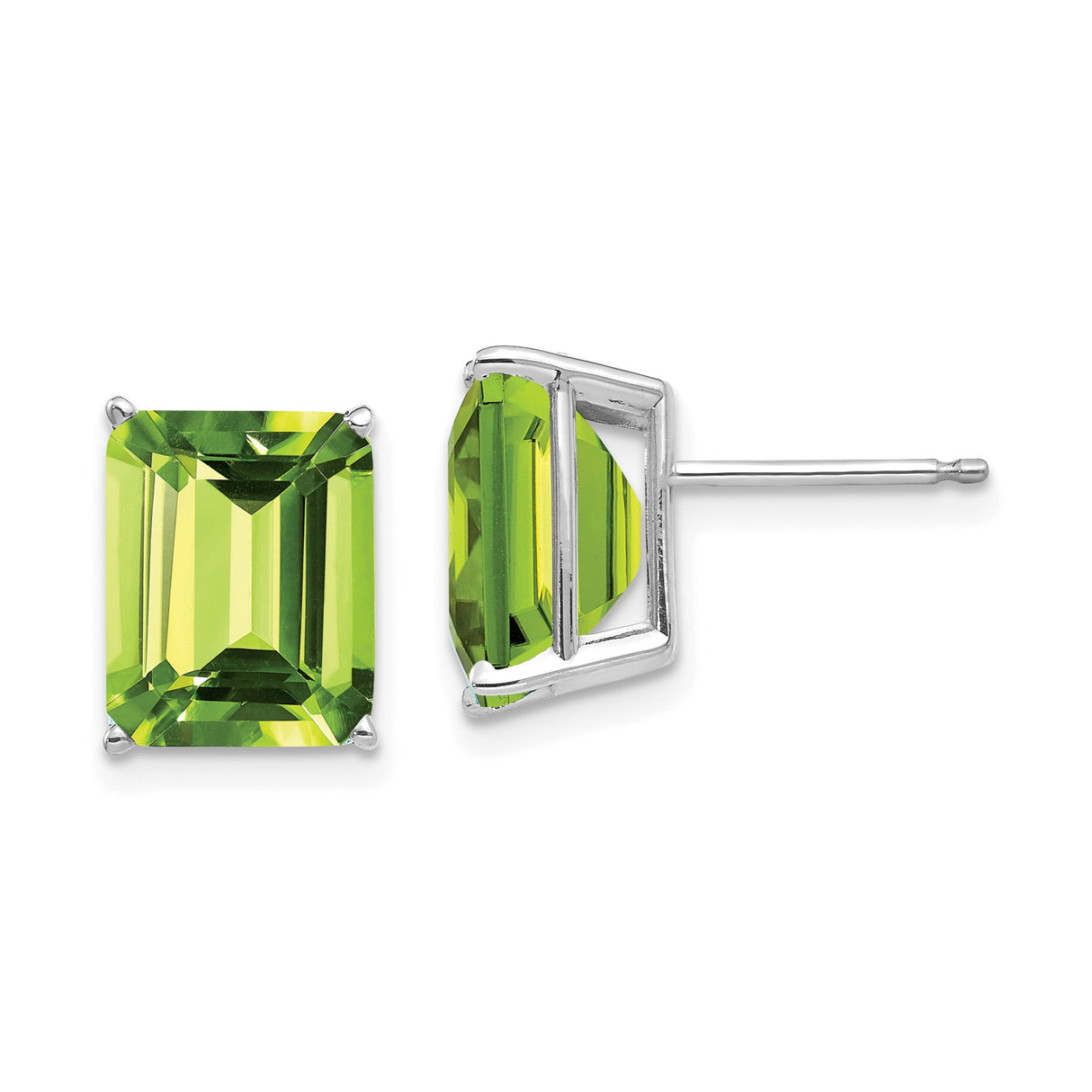 14k White Gold Stud Earrings with Peridot in Emerald Cut Rectangular Setting
