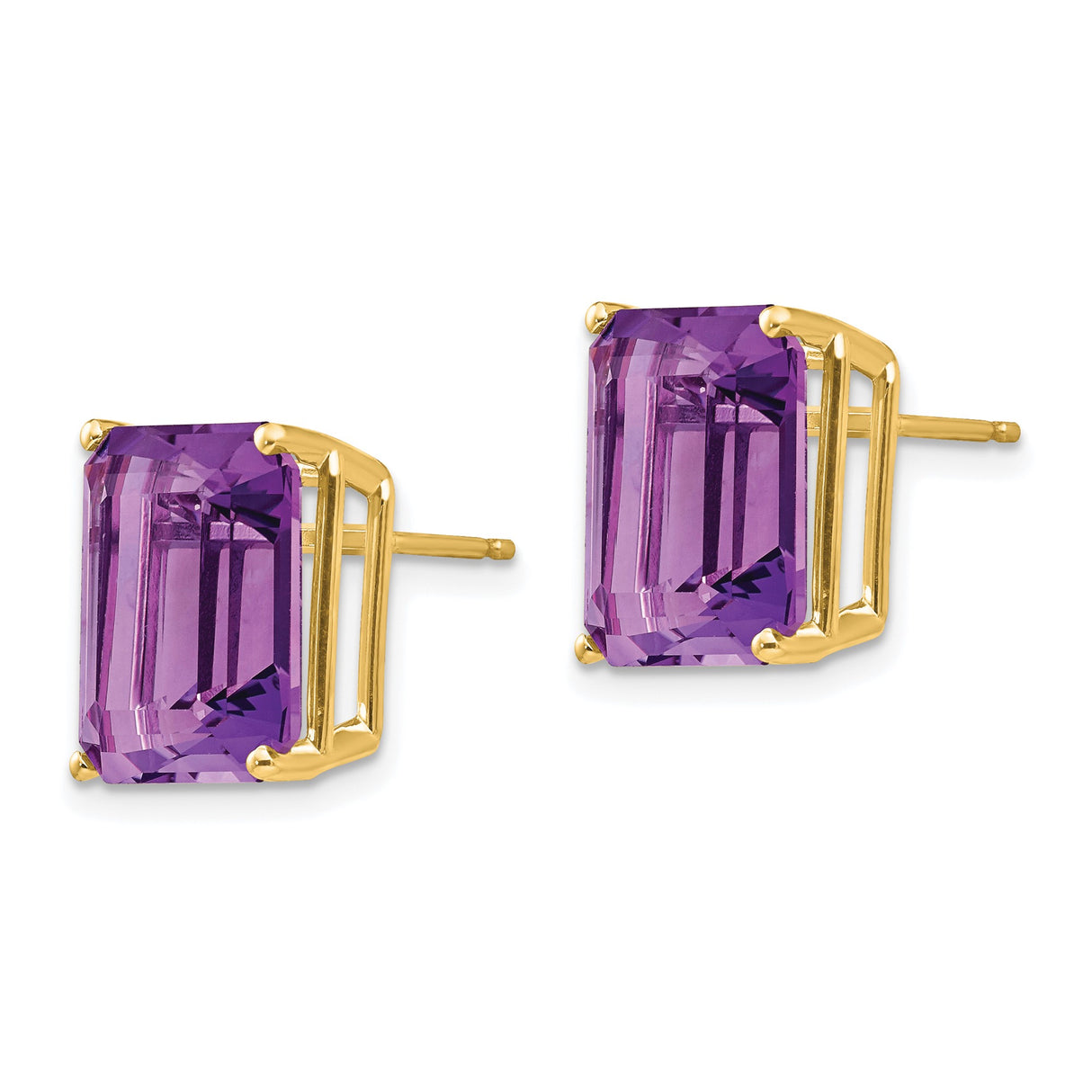 14k Yellow Gold Amethyst Stud Earrings, Emerald Cut Purple Gemstone, Modern Minimalist Style