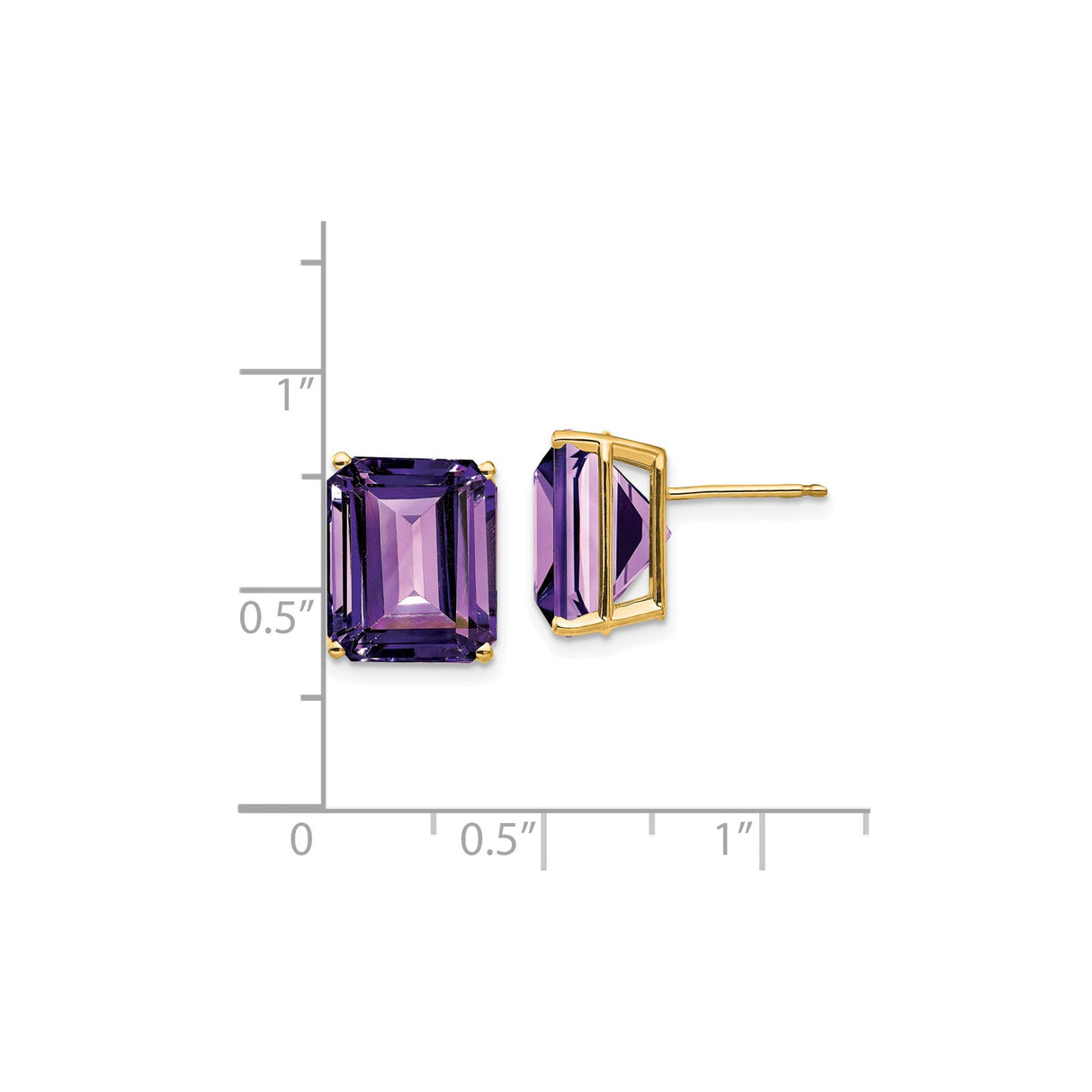 14k Yellow Gold Amethyst Stud Earrings, Emerald Cut Purple Gemstone, Modern Minimalist Style