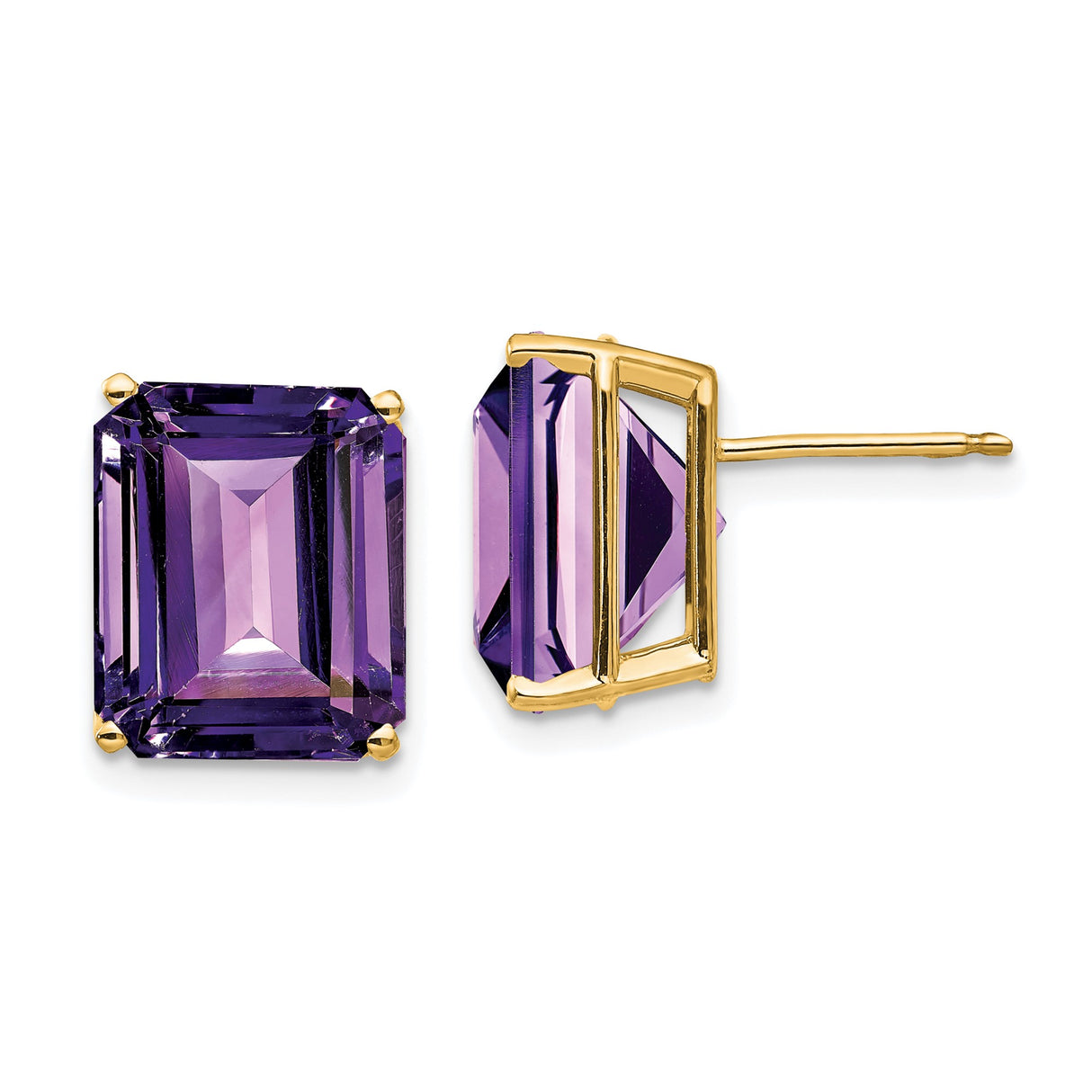14k Yellow Gold Amethyst Stud Earrings, Emerald Cut Purple Gemstone, Modern Minimalist Style