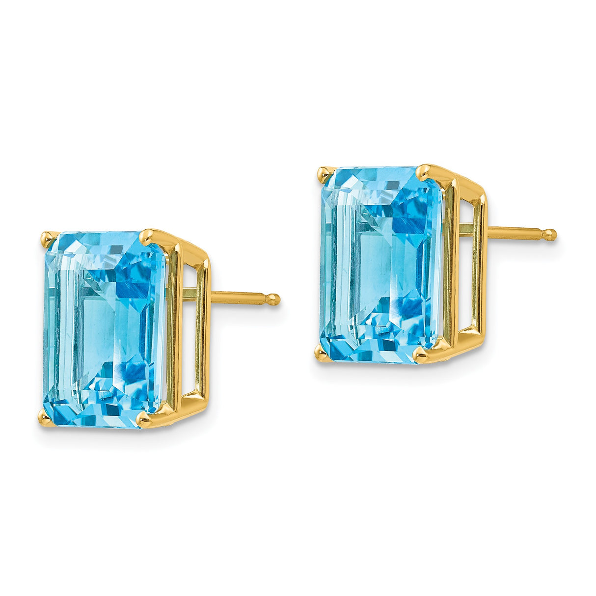 14k Yellow Gold Stud Earrings with Swiss Blue Topaz, Emerald Cut, Minimalist Design
