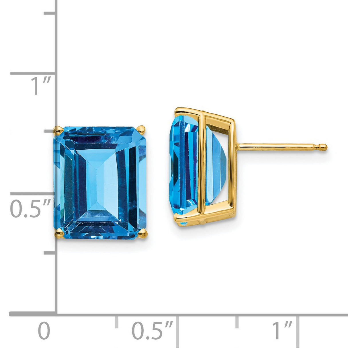 14k Yellow Gold Stud Earrings with Swiss Blue Topaz, Emerald Cut, Minimalist Design