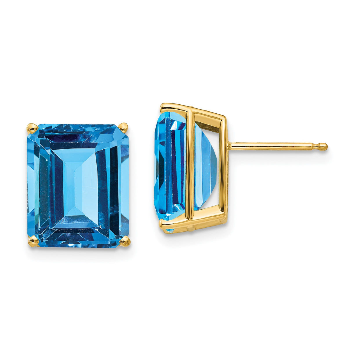 14k Yellow Gold Stud Earrings with Swiss Blue Topaz, Emerald Cut, Minimalist Design
