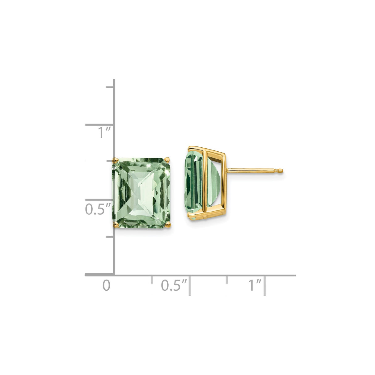 14k Yellow Gold Stud Earrings with Green Checker Cut Quartz, Rectangle Gemstone, Classic Four Prong Setting