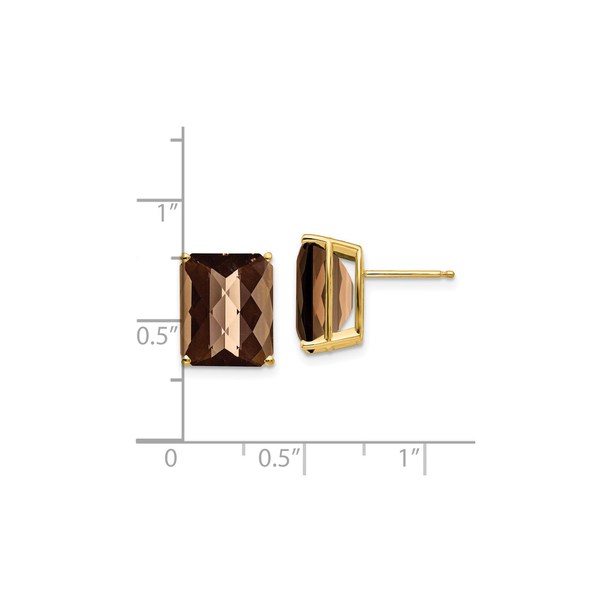 14k Yellow Gold Stud Earrings with Smoky Quartz, Rectangular Faceted Gemstone Design