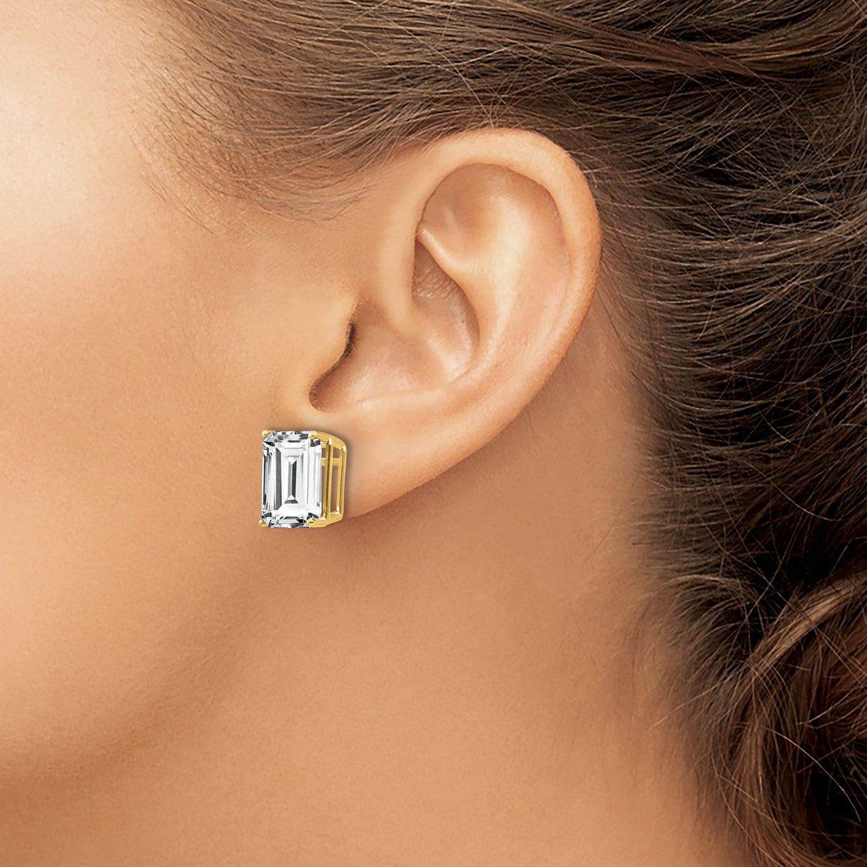 14k Yellow Gold Stud Earrings with Emerald Cut Cubic Zirconia, Classic Solitaire Style