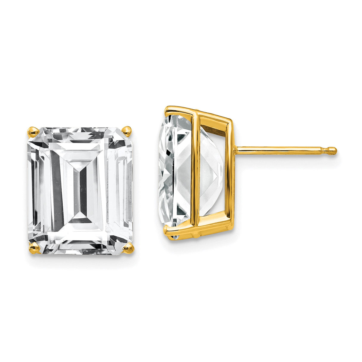 14k Yellow Gold Stud Earrings with Emerald Cut Cubic Zirconia, Classic Solitaire Style