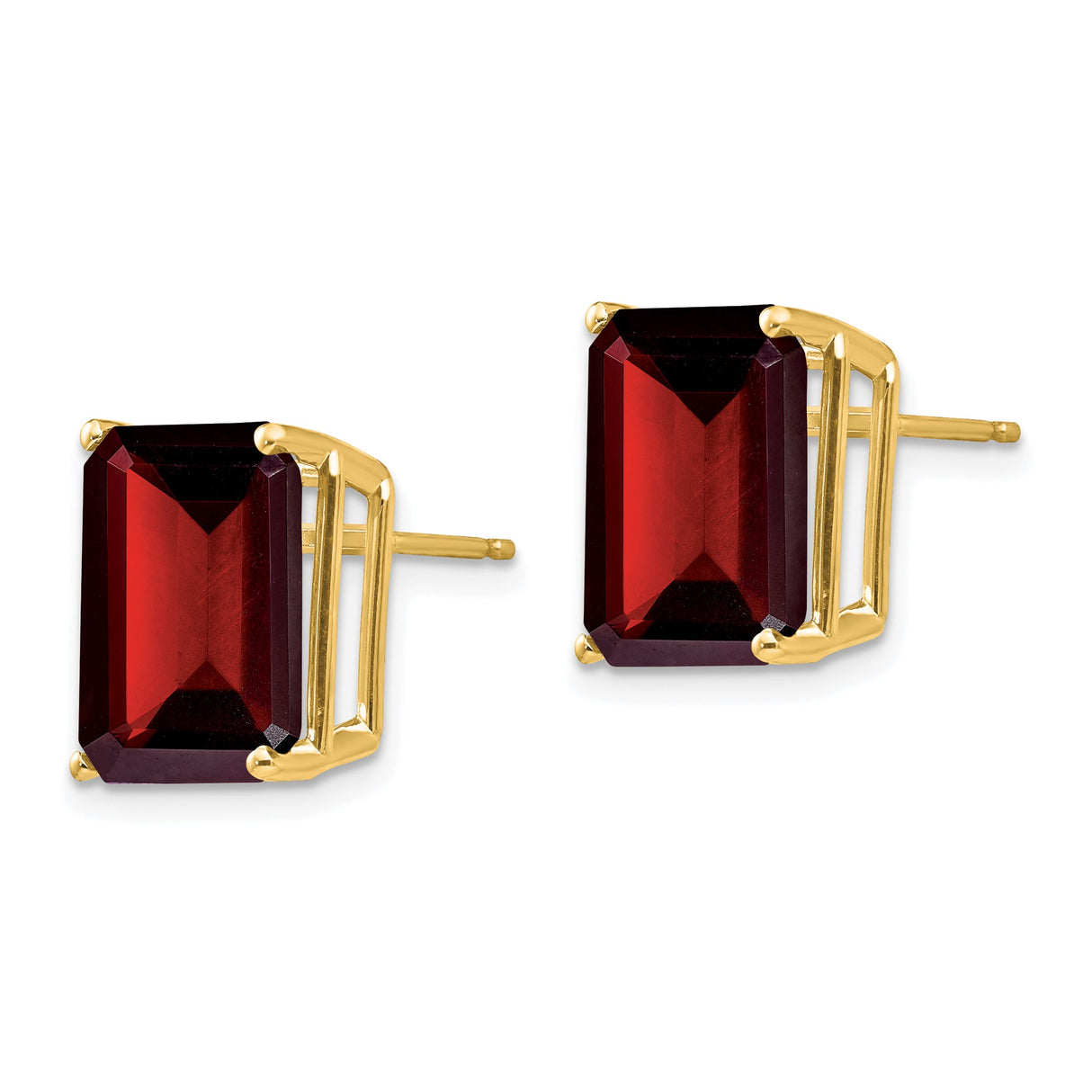 14k Yellow Gold Garnet Stud Earrings, Emerald Cut, Four-Prong Setting, January Birthstone