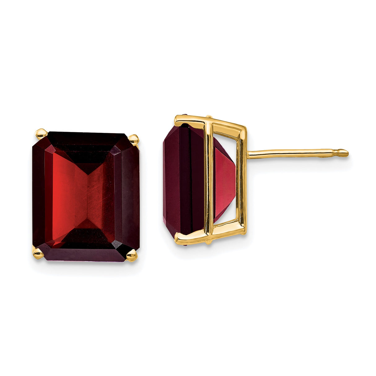 14k Yellow Gold Garnet Stud Earrings, Emerald Cut, Four-Prong Setting, January Birthstone