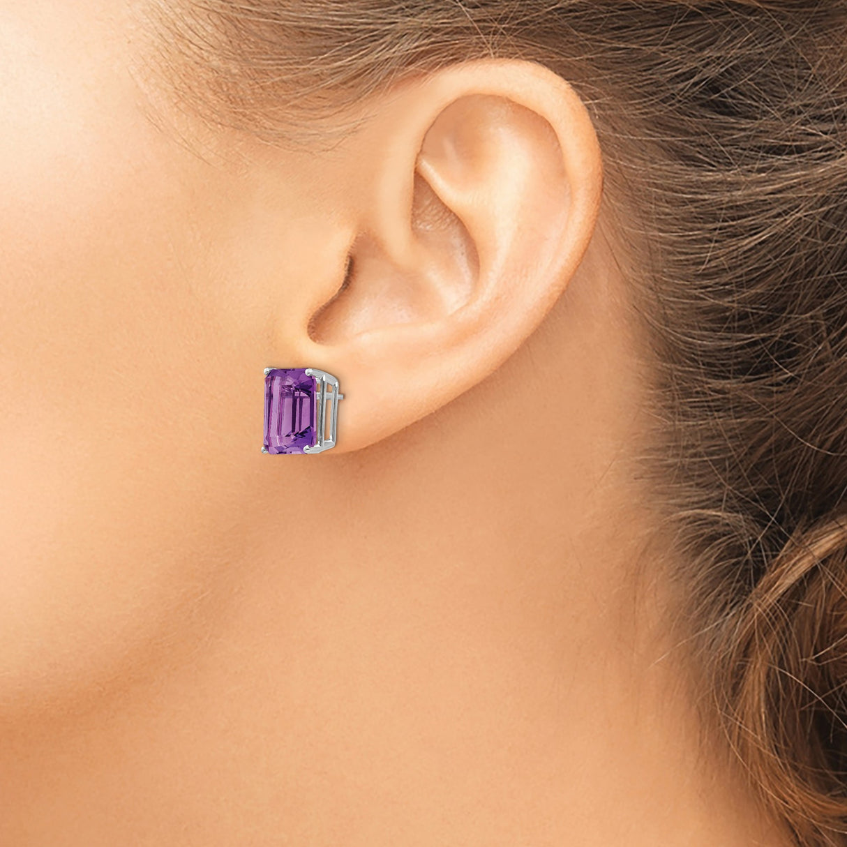 14k White Gold Amethyst Stud Earrings, Emerald Cut Gemstone, Classic Fine Jewelry