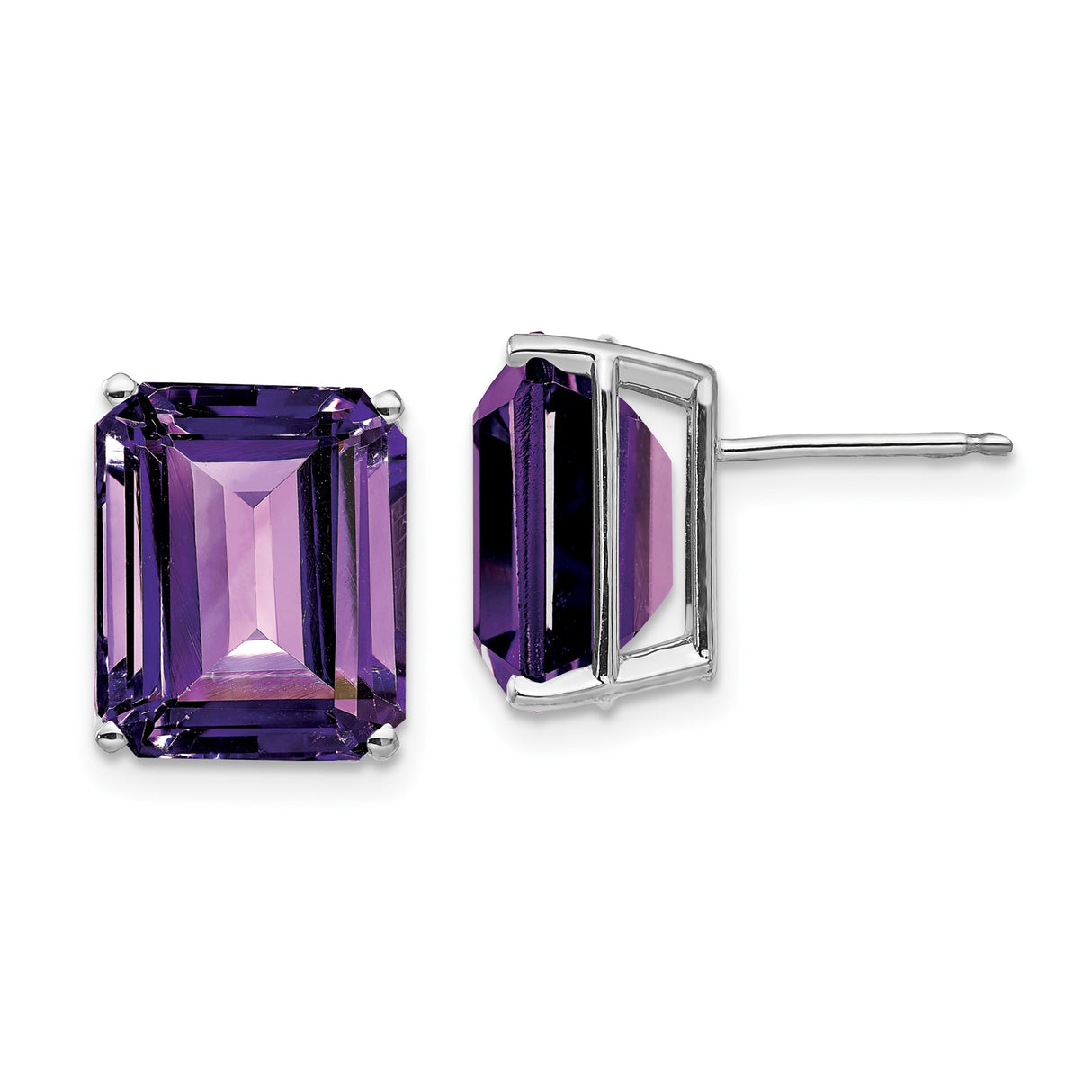 14k White Gold Amethyst Stud Earrings, Emerald Cut Gemstone, Classic Fine Jewelry