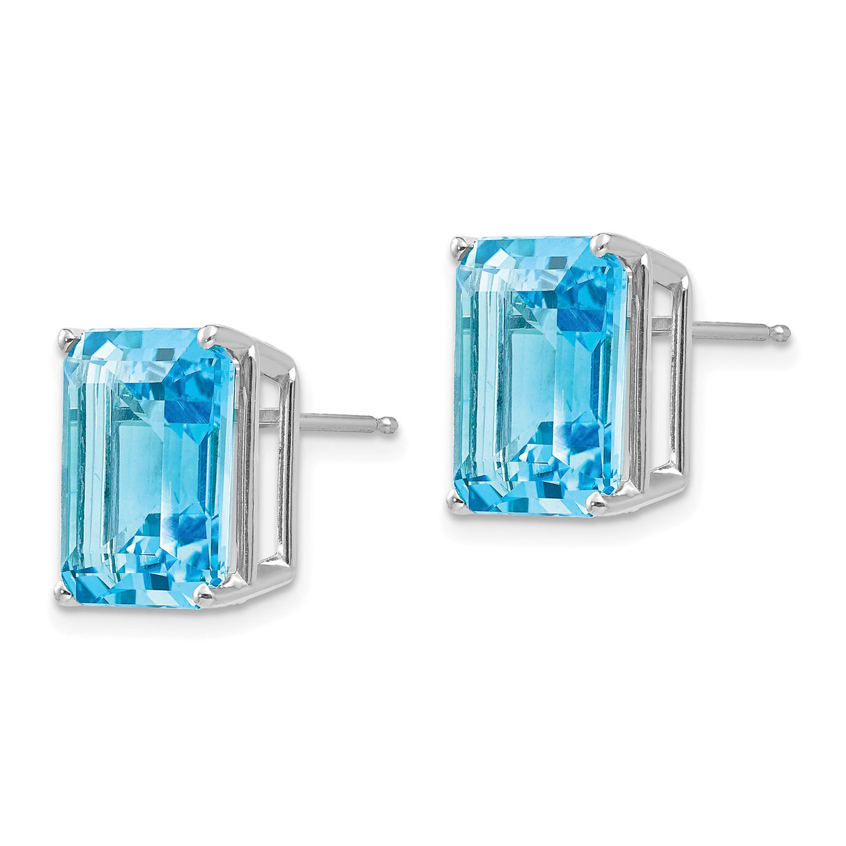 14k White Gold Stud Earrings with Emerald Cut Swiss Blue Topaz, Modern Prong Setting
