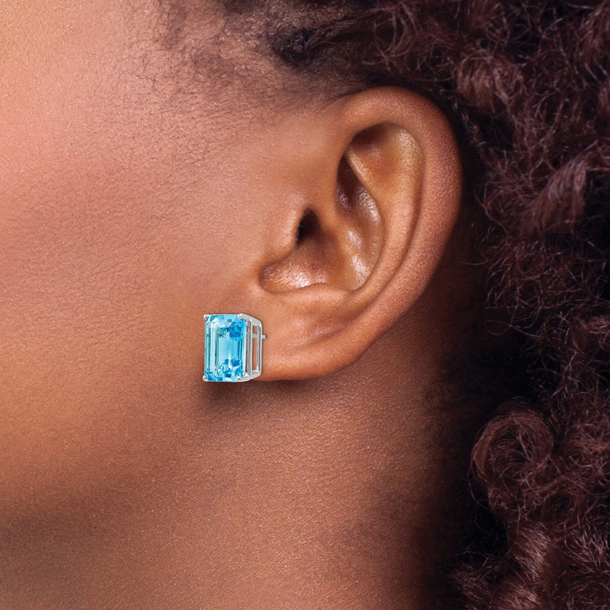 14k White Gold Stud Earrings with Emerald Cut Swiss Blue Topaz, Modern Prong Setting