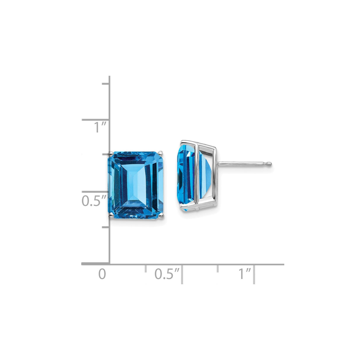 14k White Gold Stud Earrings with Emerald Cut Swiss Blue Topaz, Modern Prong Setting