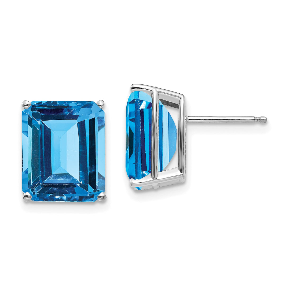 14k White Gold Stud Earrings with Emerald Cut Swiss Blue Topaz, Modern Prong Setting