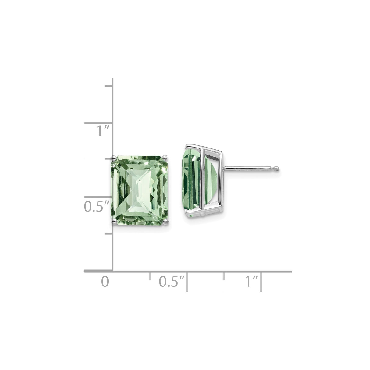 14k White Gold Stud Earrings with Emerald Cut Green Quartz, Minimalist Modern Design