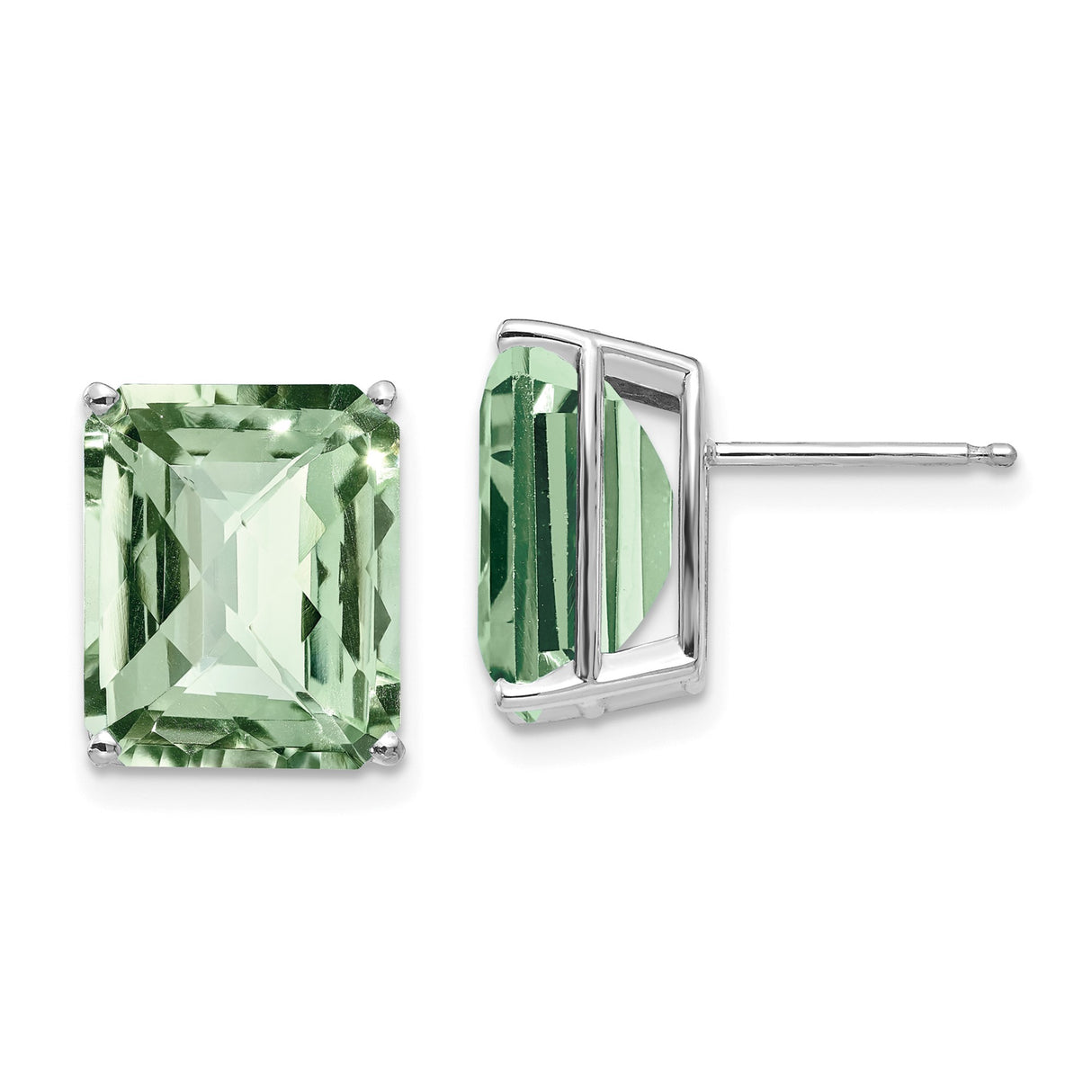 14k White Gold Stud Earrings with Emerald Cut Green Quartz, Minimalist Modern Design