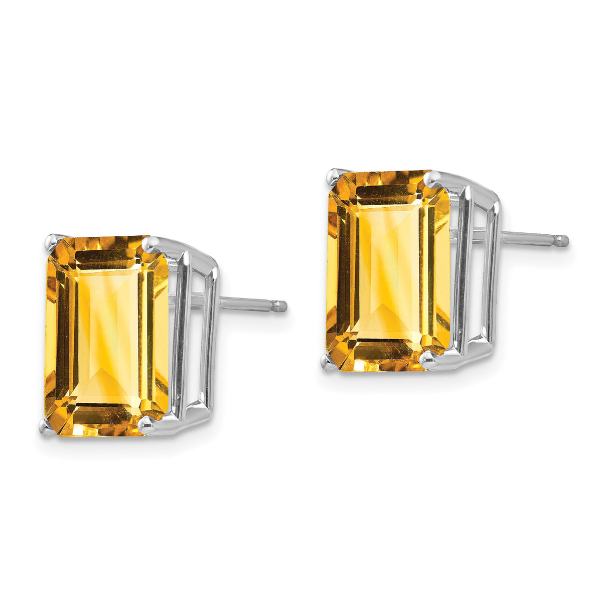 14k White Gold Citrine Stud Earrings, Emerald Cut, Classic Design for Women