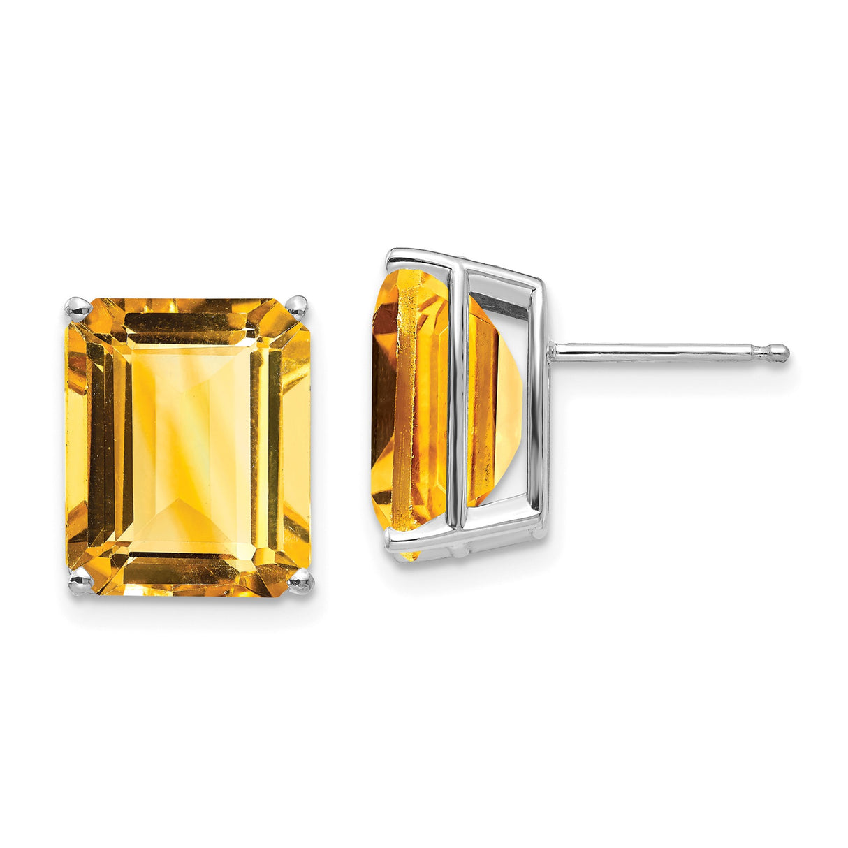 14k White Gold Citrine Stud Earrings, Emerald Cut, Classic Design for Women