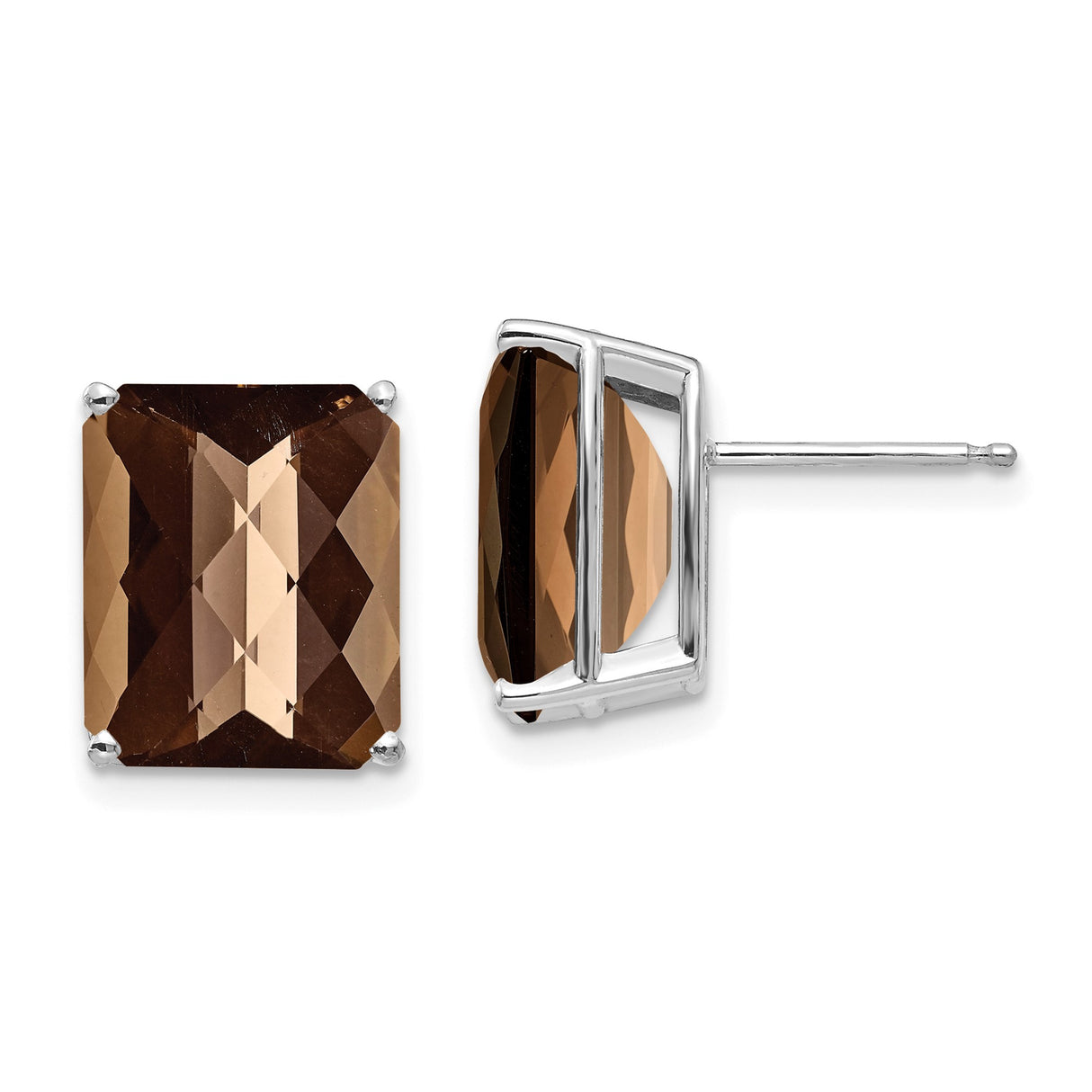 14k White Gold Stud Earrings with Smoky Quartz, Rectangle Minimalist Design for Women