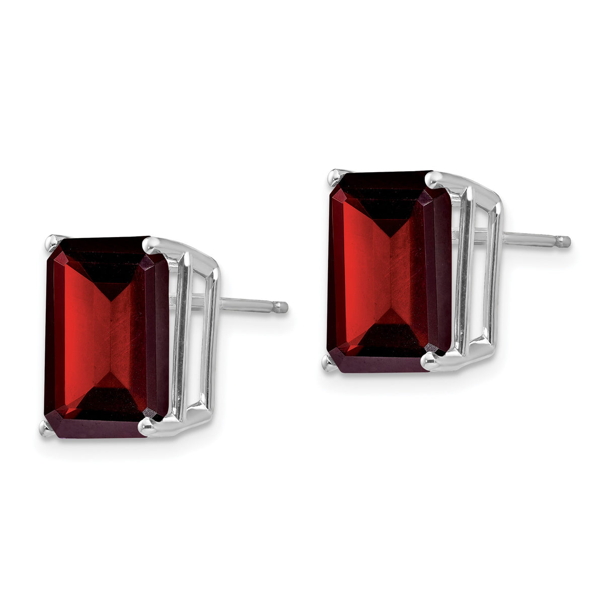 14k White Gold Garnet Stud Earrings with Emerald Cut Gemstones, Minimalist Square Design