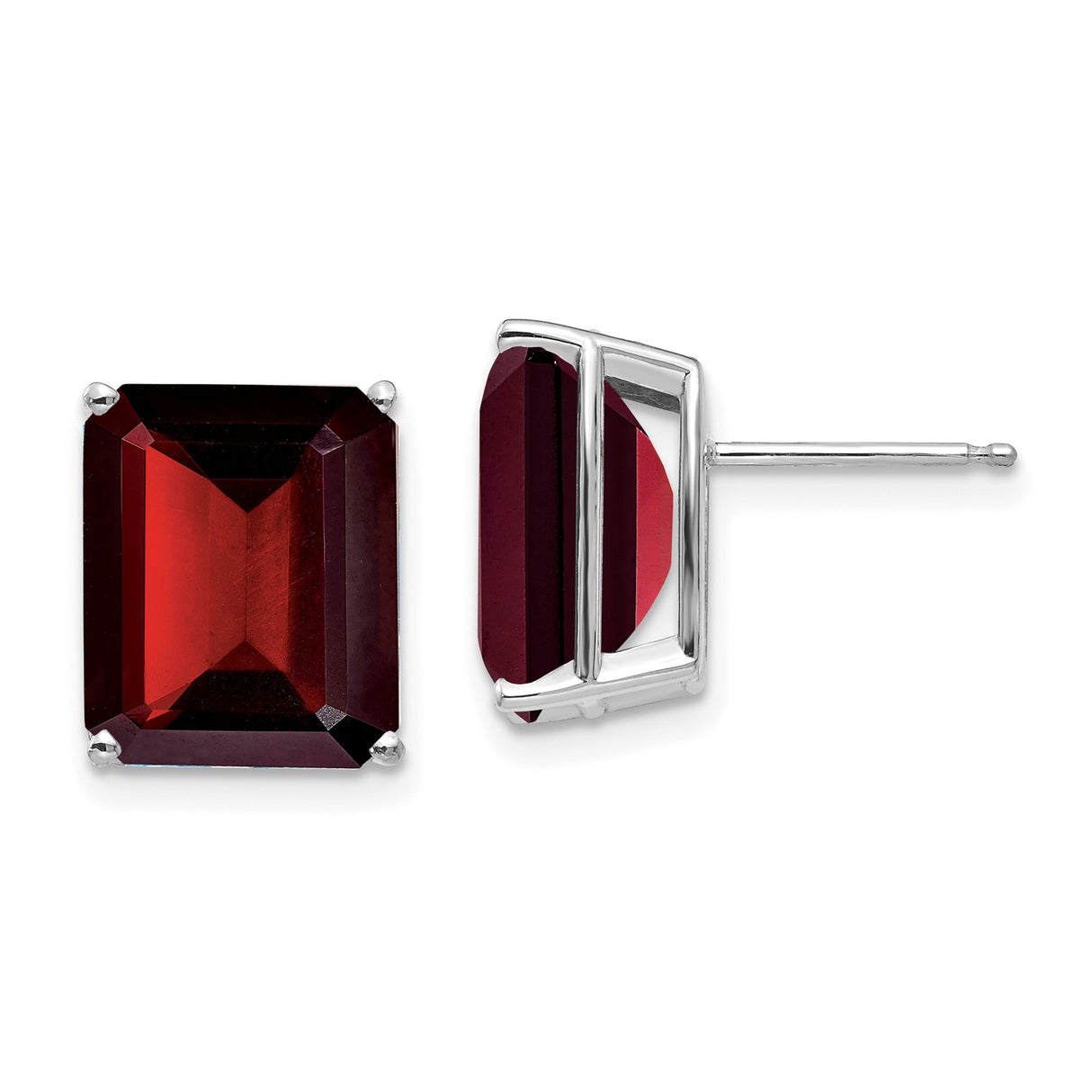 14k White Gold Garnet Stud Earrings with Emerald Cut Gemstones, Minimalist Square Design