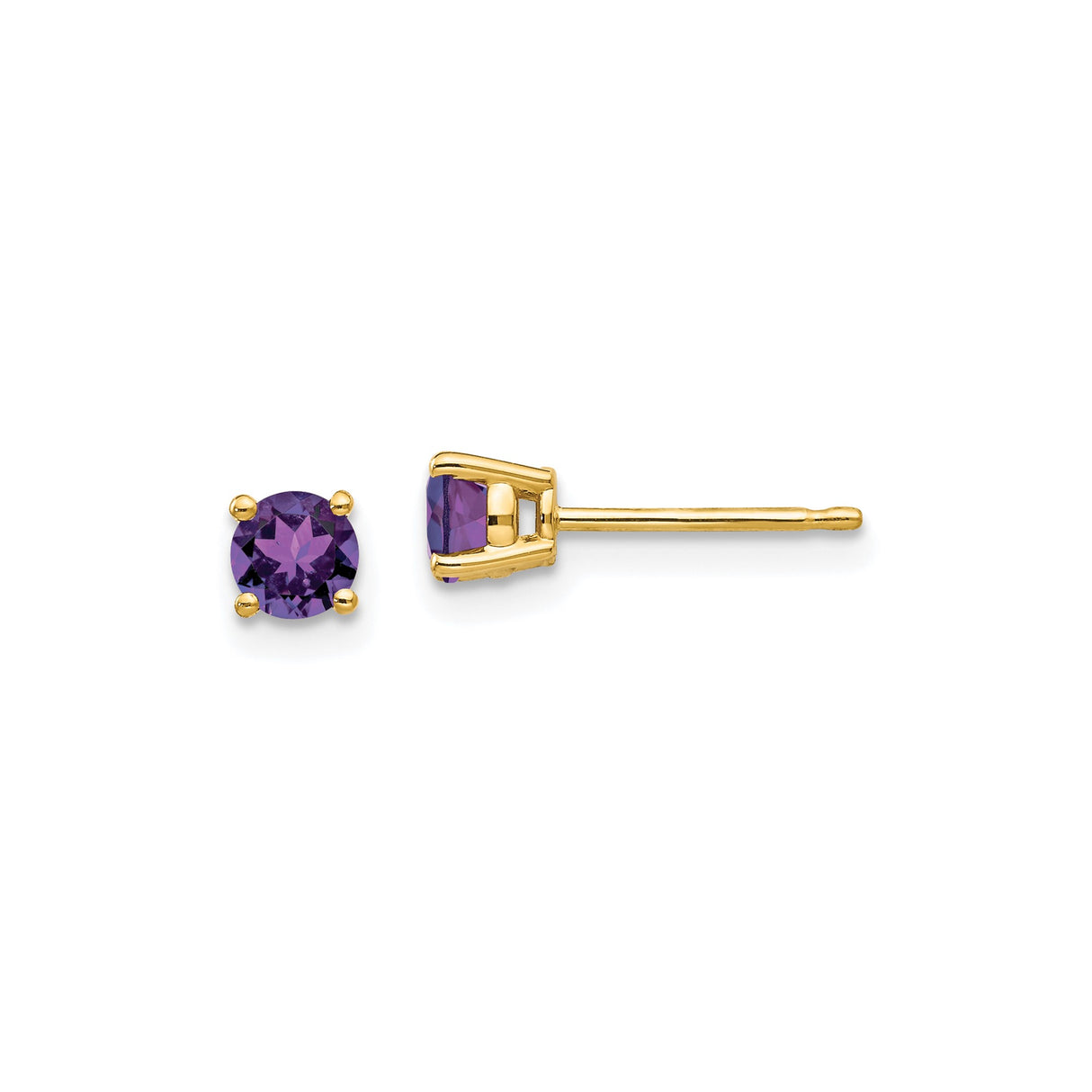 14k Yellow Gold Stud Earrings with Round Amethyst, Four Prong Setting, Minimalist Design
