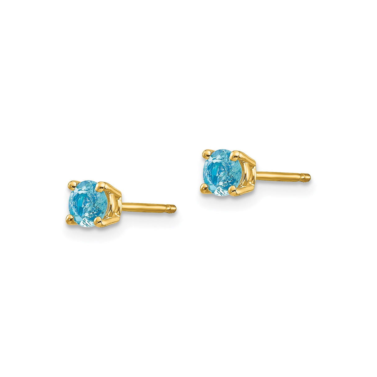 14k Yellow Gold Stud Earrings with Round Aquamarine Gemstones in Four Prong Setting