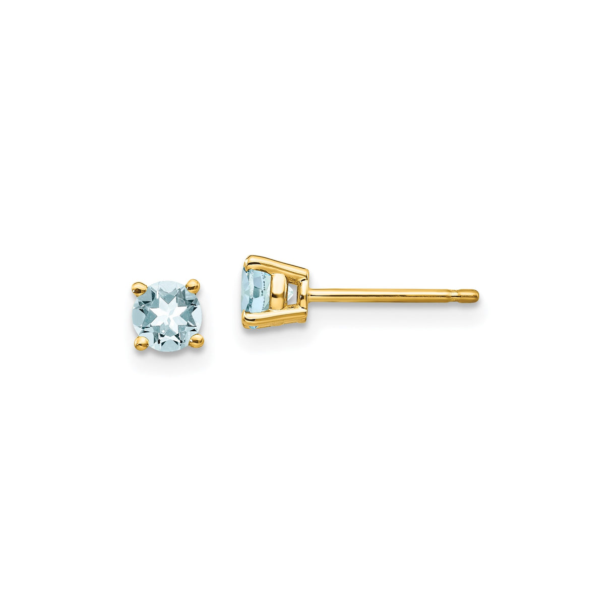 14k Yellow Gold Stud Earrings with Round Aquamarine Gemstones in Four Prong Setting