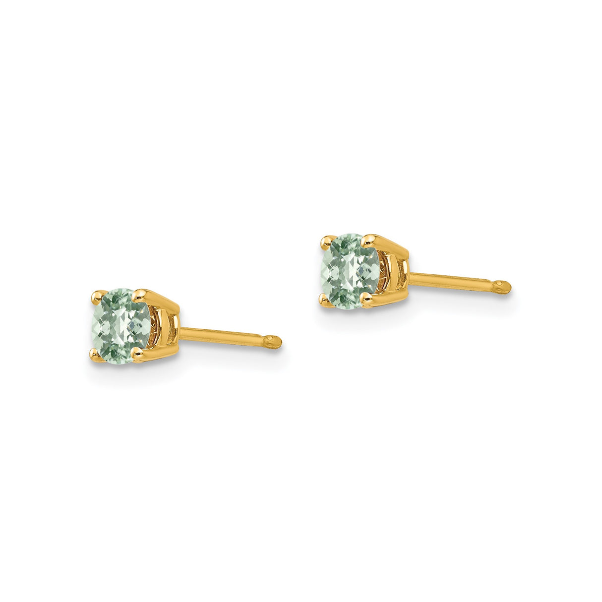 14k Yellow Gold Stud Earrings with Round Light Green Gemstones, Classic Four Prong Setting