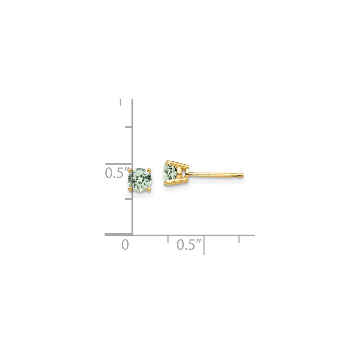 14k Yellow Gold Stud Earrings with Round Light Green Gemstones, Classic Four Prong Setting