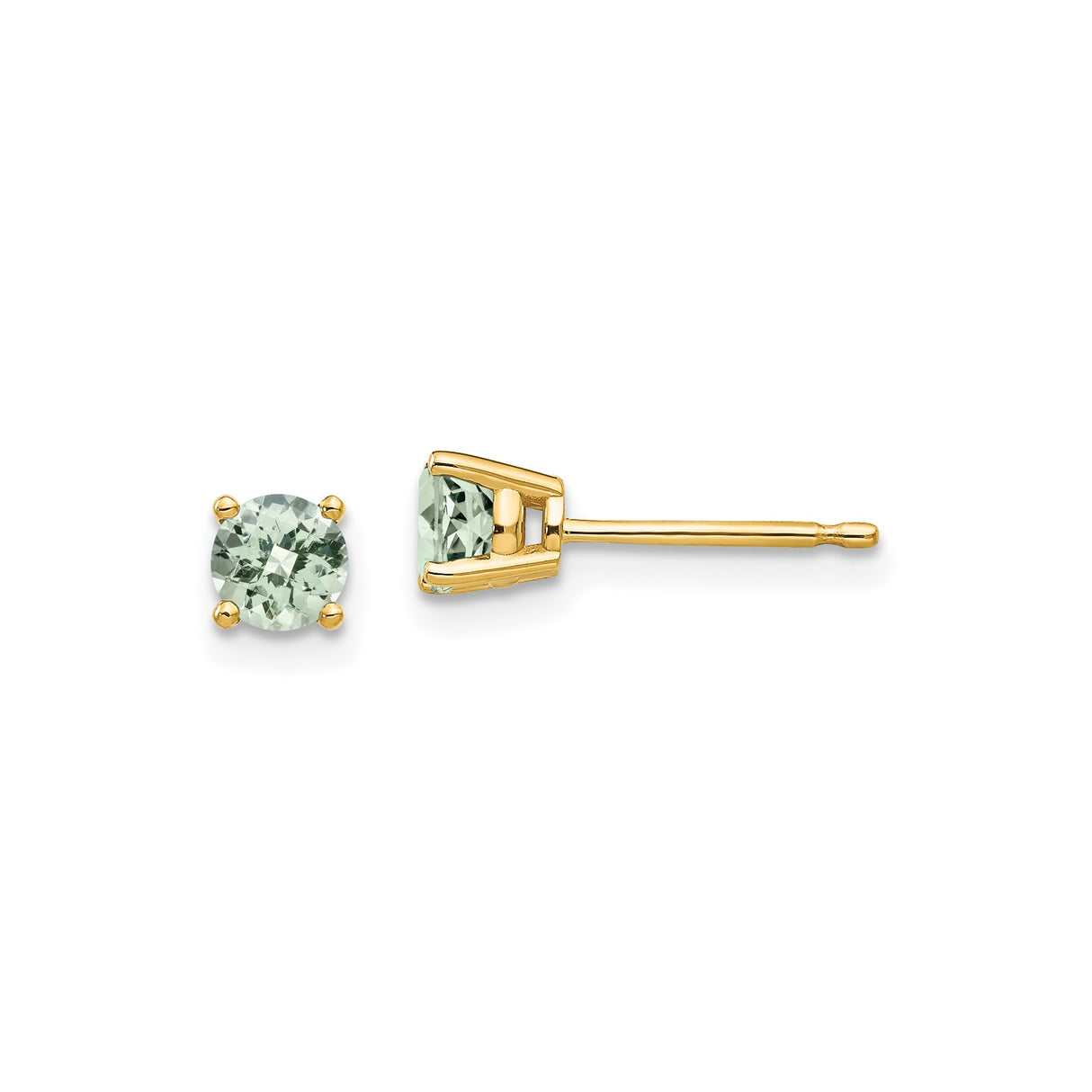 14k Yellow Gold Stud Earrings with Round Light Green Gemstones, Classic Four Prong Setting