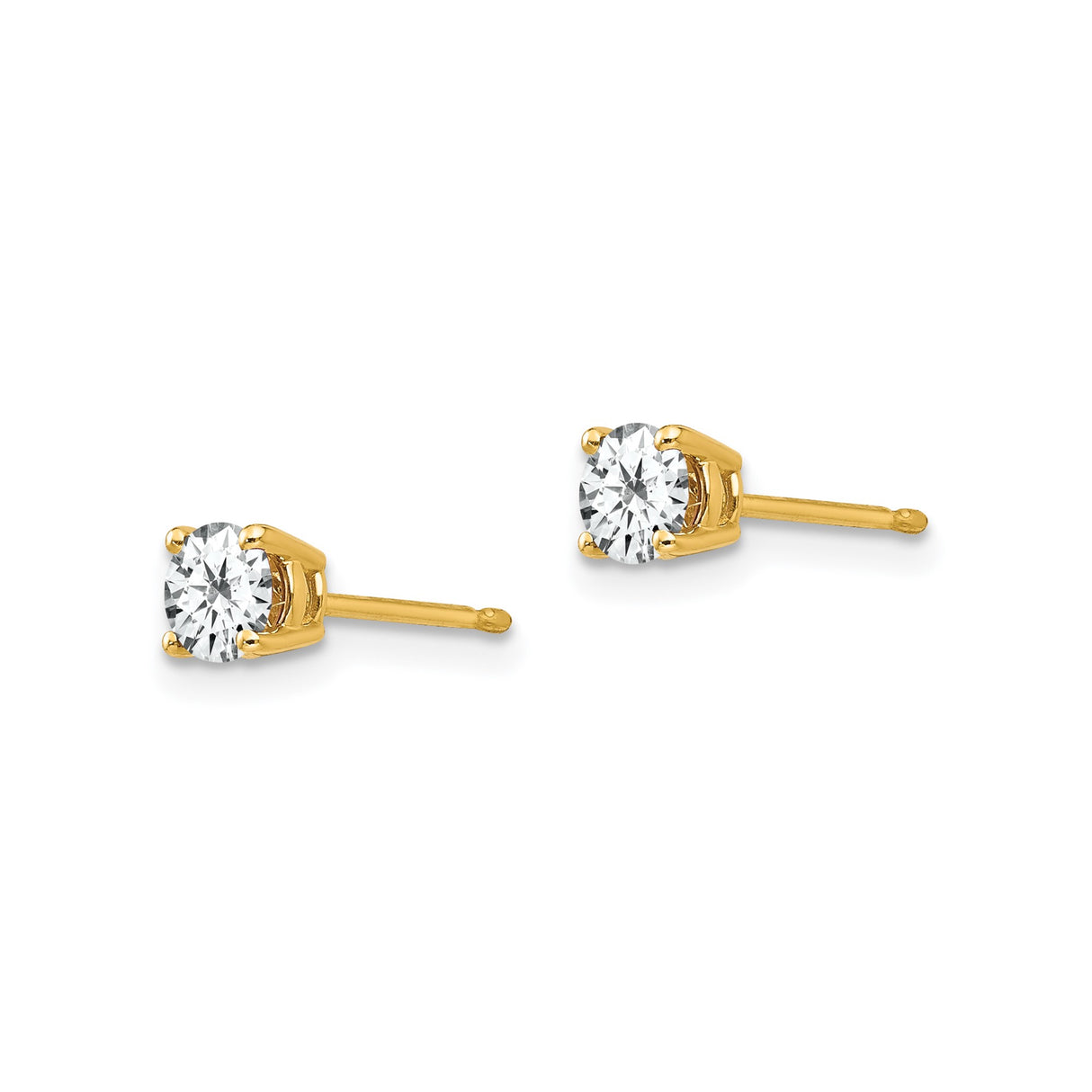 14k Yellow Gold Stud Earrings with Round Cubic Zirconia, Solitaire Four Prong Setting, Classic Style