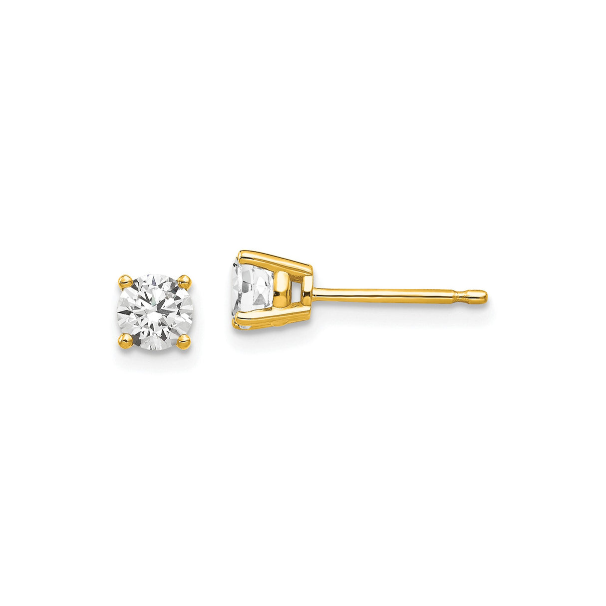 14k Yellow Gold Stud Earrings with Round Cubic Zirconia, Solitaire Four Prong Setting, Classic Style