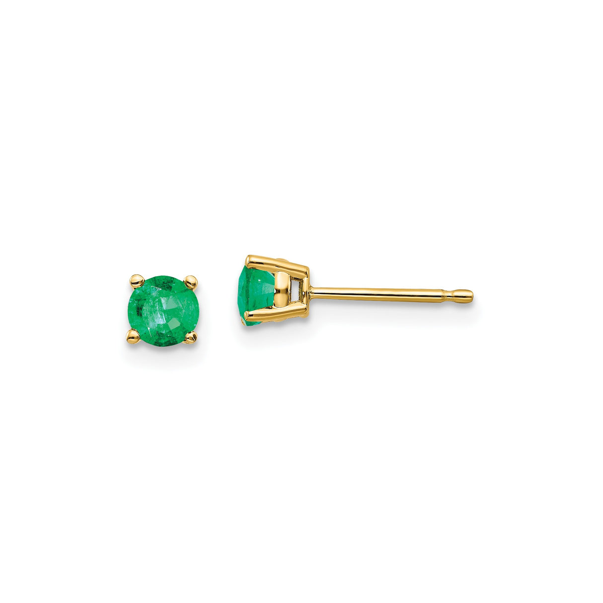 14k Yellow Gold Stud Earrings with Round Cut Emeralds, Minimalist Gemstone Design