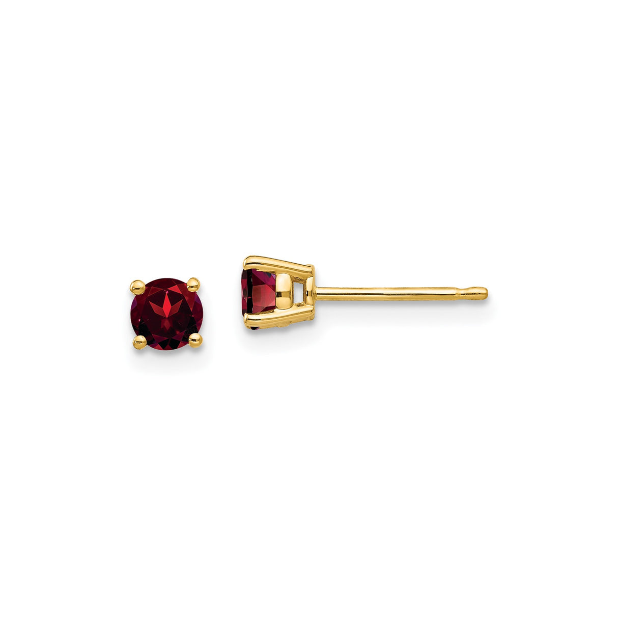14k Yellow Gold Garnet Stud Earrings, Round Cut Four Prong Setting, Classic Minimalist Jewelry for Women