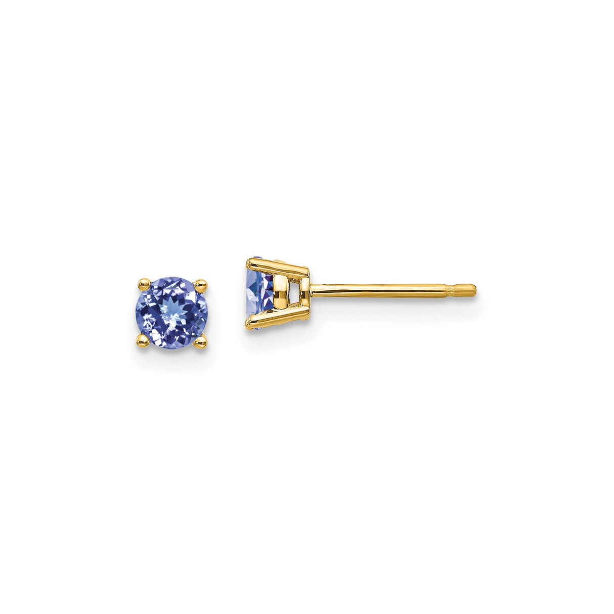 14k Yellow Gold Stud Earrings with Round Tanzanite, Four Prong Minimalist Design