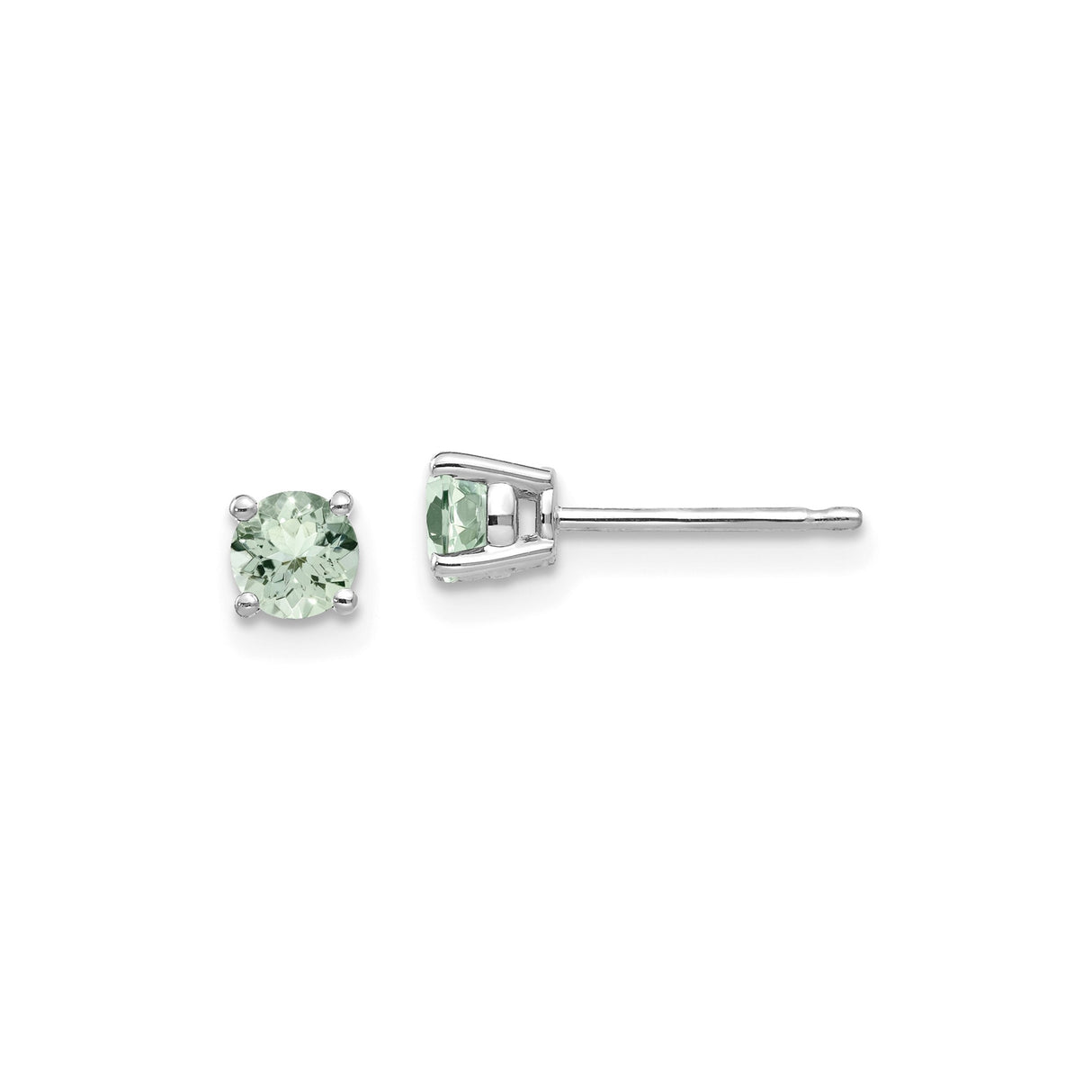 14k White Gold Stud Earrings with Round Light Green Quartz, Minimalist Gemstone Design