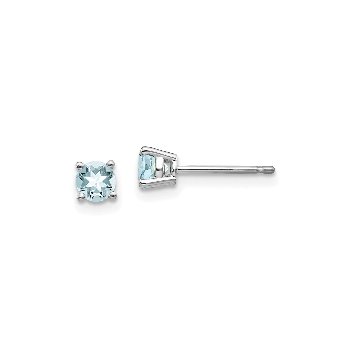 14k White Gold Aquamarine Stud Earrings, Round Faceted, Four-Prong Minimalist Design
